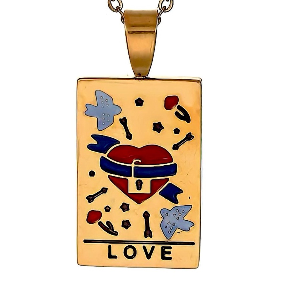 Engraved ‘Lovers’ Enamel Tarot Card Necklace | 316L Stainless Steel Pendant